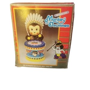 𝅺VINTAGE Tin Litho Wind-Up Monkey The Drummer Toy